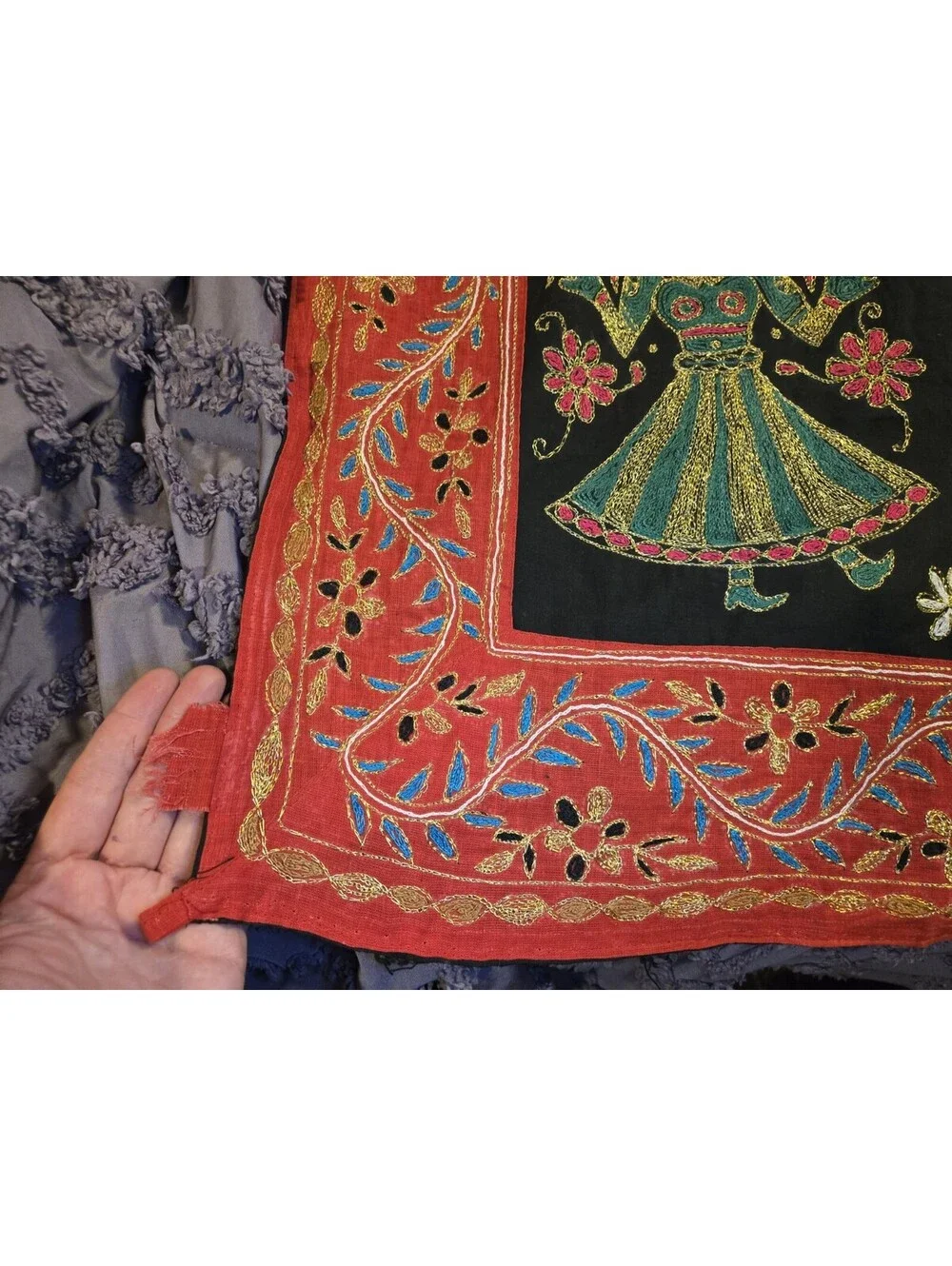 Vintage Gujarati Tapestry Kutch Embroidered Folk Art Wall Hanging Indian 57x42